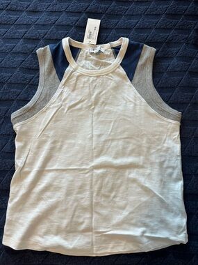 Evereve White Tank with Navy and Gray Shoulder Panels